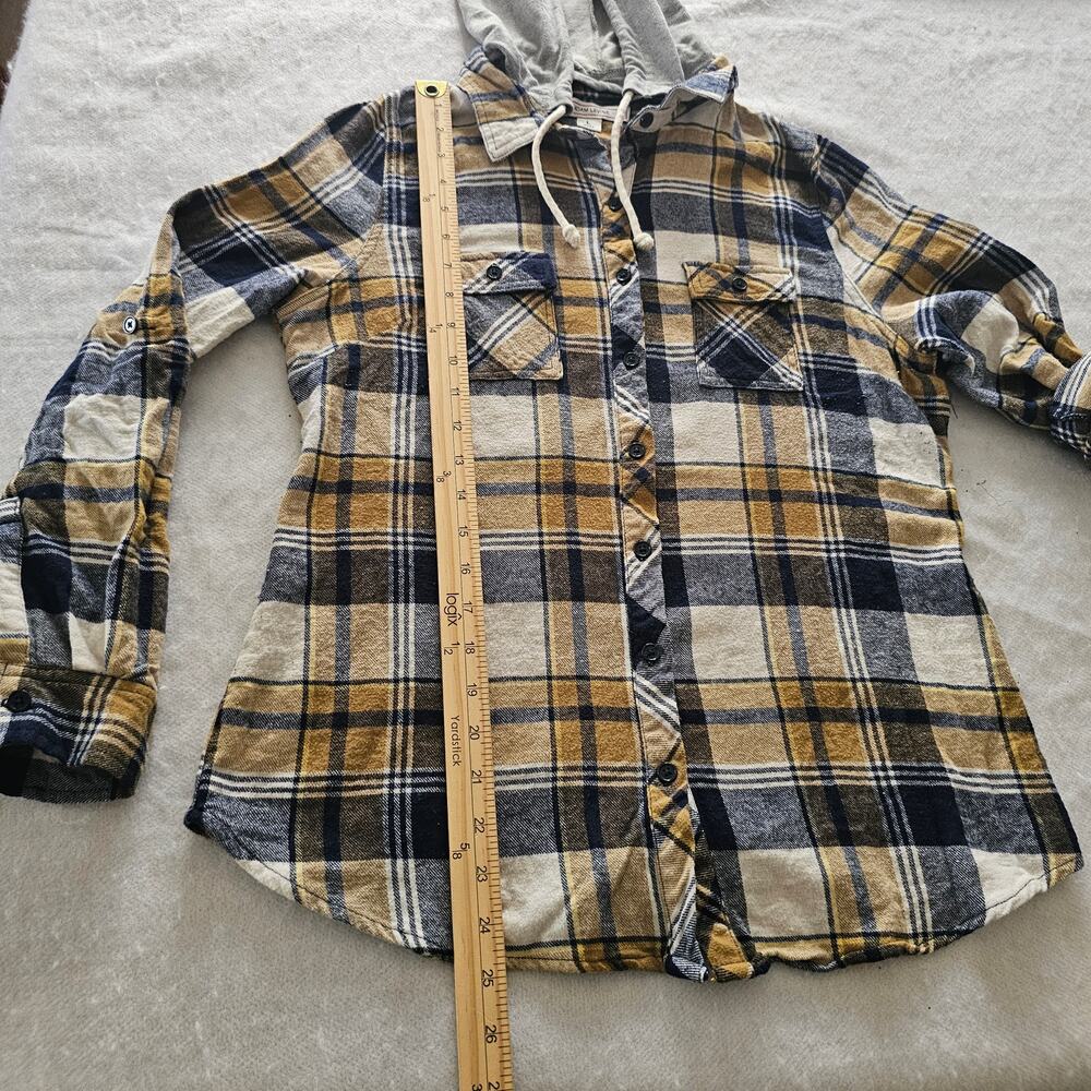 Adam Levine Women's Flannel Hooded Button Up Top, Tan Black White 2 of 5 - Picture 9 of 12